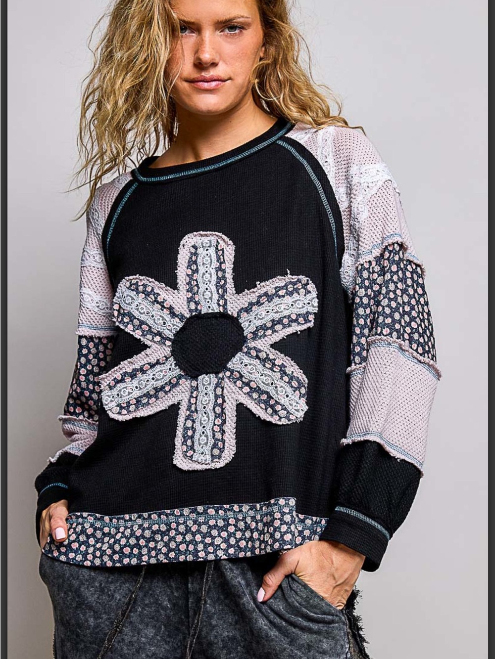 POL Thermal Waffle Knit Black & Pink Floral Patchwork Pullover Top